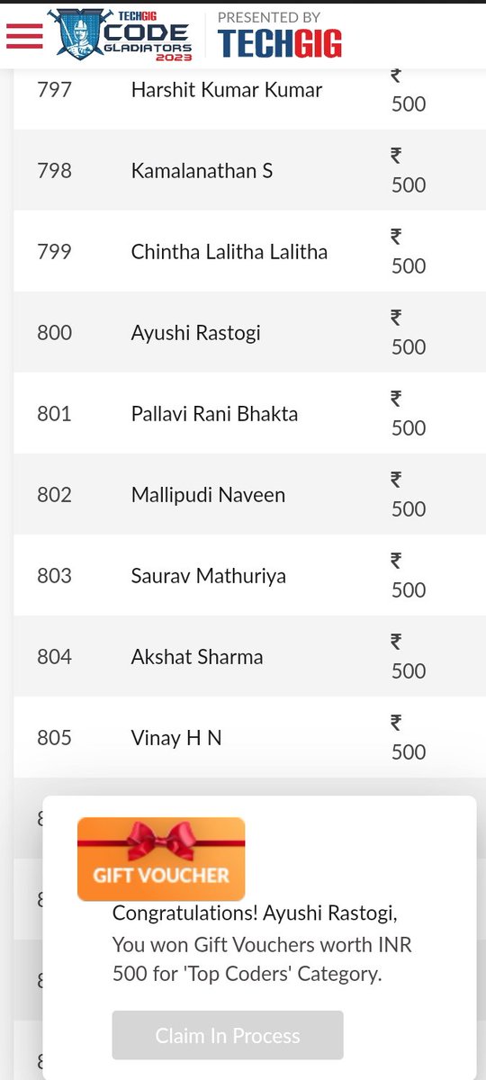 ras_ayu_'s tweet image. Thrilled to clinch the Top Coder category title in the Code Gladiator 2023 open coding round! 🚀🏆 Thanks to my coding skills and determination, I've secured a 500 rupees voucher. 🙌💻 #CodeGladiator2023 #TopCoder #CodingChampion @techgigdotcom