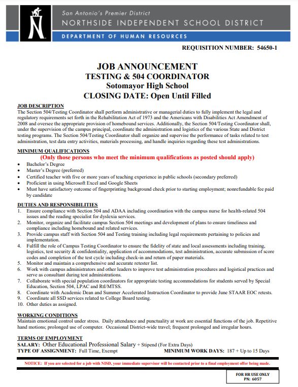 NISD Testing (@nisd_testing) on Twitter photo OPPORTUNITY AWAITS: Sotomayor HS has an opening for a Testing & 504 Coordinator. <a href="/NISD/">Northside ISD</a> <a href="/nisdhr/">Northside ISD HR</a> OPPORTUNITY AWAITS: Sotomayor HS has an opening for a Testing & 504 Coordinator. <a href="/NISD/">Northside ISD</a> <a href="/nisdhr/">Northside ISD HR</a>