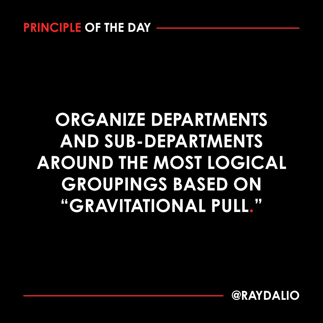 RayDalio's tweet photo. Some groups naturally gravitate toward one another. That gravitational pull might be based on common goals, shared abilities and skills, workflow, physical location, and so forth. Imposing your own structure without acknowledging these magnetic pulls will likely result in inefficiency. #principleoftheday