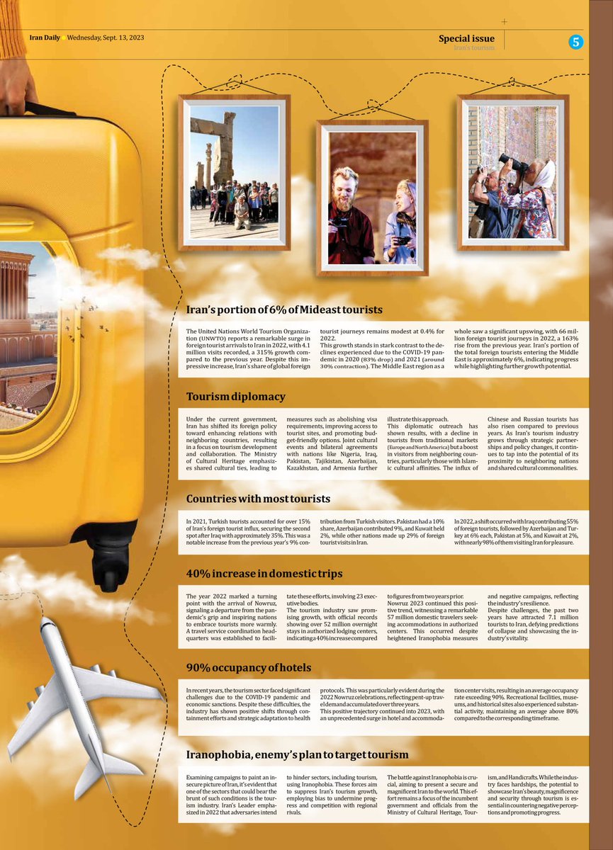 IranDailyWeb's tweet photo. #Tourism’s share in #Iran rose to 4.6% in 2022. Conspicuously, Iranian tourists spent an impressive $33.3 billion in 2021, ranking Iran 16th #globally for #tourismexpenditures.https://t.co/eqEMZn0h8m #shiraz #tourguide #tourleader #Travel #travelphotography https://t.co/OISlTHgIow
