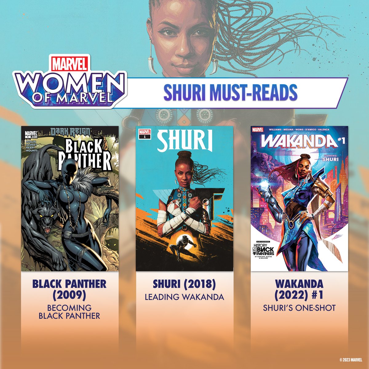 Princess, scientific genius, and even Black Panther herself. Get to know Shuri with a few must-read #MarvelComics and take a deep dive into the character on the latest #WomenOfMarvel podcast episode. 🎧 Listen now: bit.ly/3PByKb3