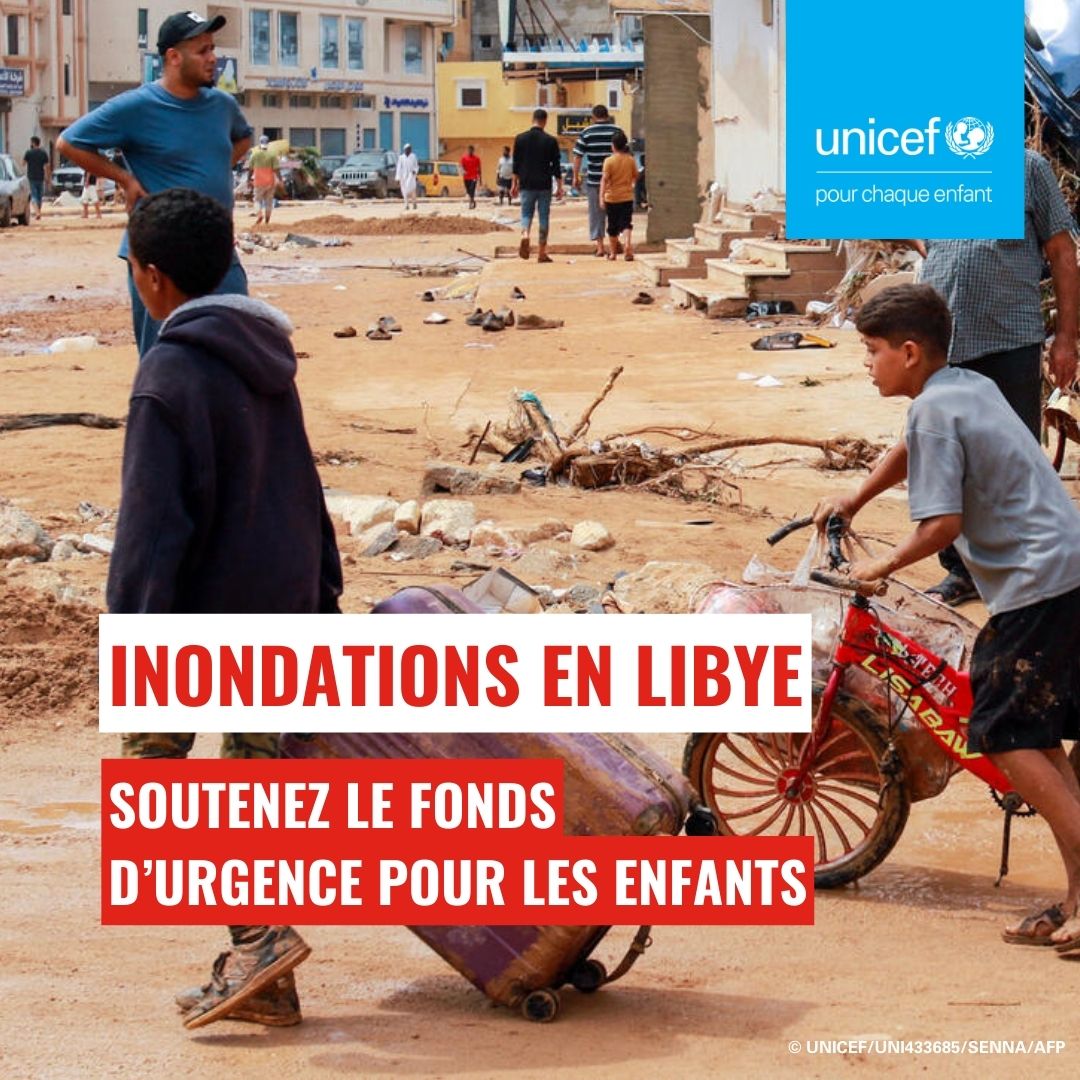 UNICEF_france's tweet image. Dans les situations d'urgence, les enfants sont toujours parmi les plus vulnérables. 

En #Libye 🇱🇾, de nombreux enfants et familles ont été déplacés par les inondations et ont un besoin urgent d'assistance. 

Pour soutenir notre fonds d'urgence. 👉 fcld.ly/jr23rt5