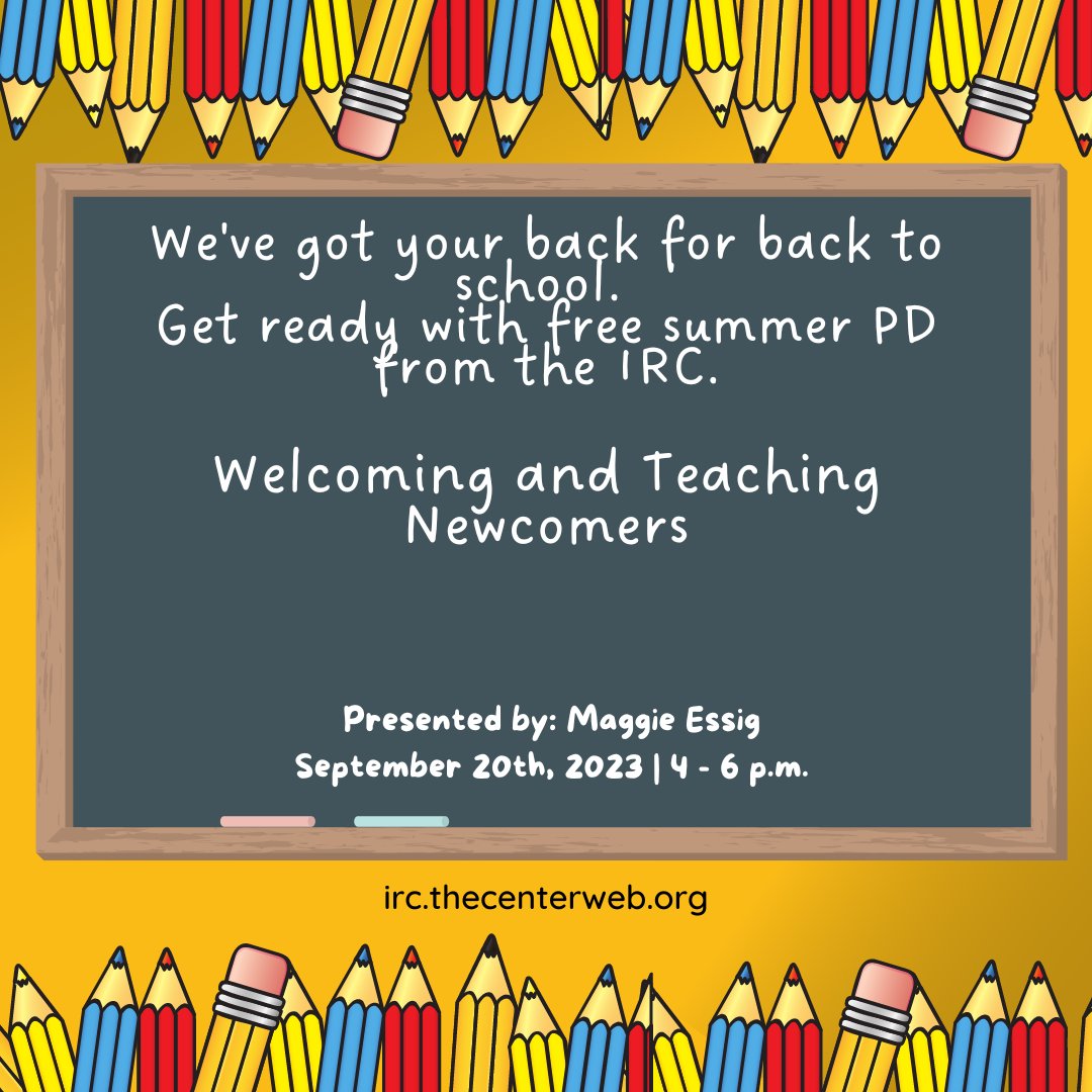 Have some newcomers in your class this year? Join <a href="/maggieessig/">Maggie Essig</a> for an important FREE PD workshop on best practices to make your classroom and community welcoming &amp; affirming for newcomer students: irc.thecenterweb.org/workshop/welco…