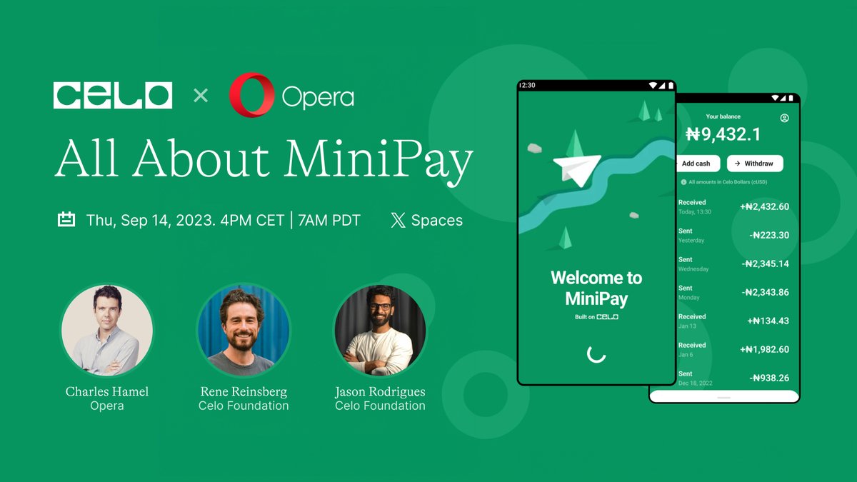 Celo.eth/acc 🦇 🌳 (@celo) on Twitter photo Want to learn more about @MiniPay? 📱🌍
Come with your questions tomorrow and join our Space w/ Charles, <a href="/RegenRene/">Rene | Celo ◘ 🦇🌳</a> & <a href="/JasonRogues/">Jason Rodrigues</a> as they discuss the Opera MiniPay launch & building for the real-world!
Set a reminder ⬇️
x.com/i/spaces/1lPJq… Want to learn more about @MiniPay? 📱🌍
Come with your questions tomorrow and join our Space w/ Charles, <a href="/RegenRene/">Rene | Celo ◘ 🦇🌳</a> & <a href="/JasonRogues/">Jason Rodrigues</a> as they discuss the Opera MiniPay launch & building for the real-world!
Set a reminder ⬇️
x.com/i/spaces/1lPJq…