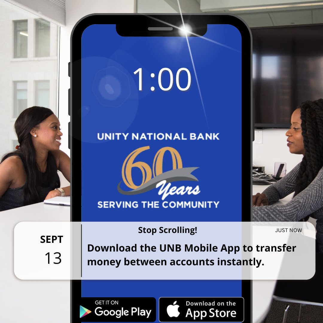 Unity is all about efficiency! Send and receive payments through Zelle, manage your card options, and  transfer between accounts when needed at the push of a button. #mobileapp #60anniversary #moneytransfer #efficiency