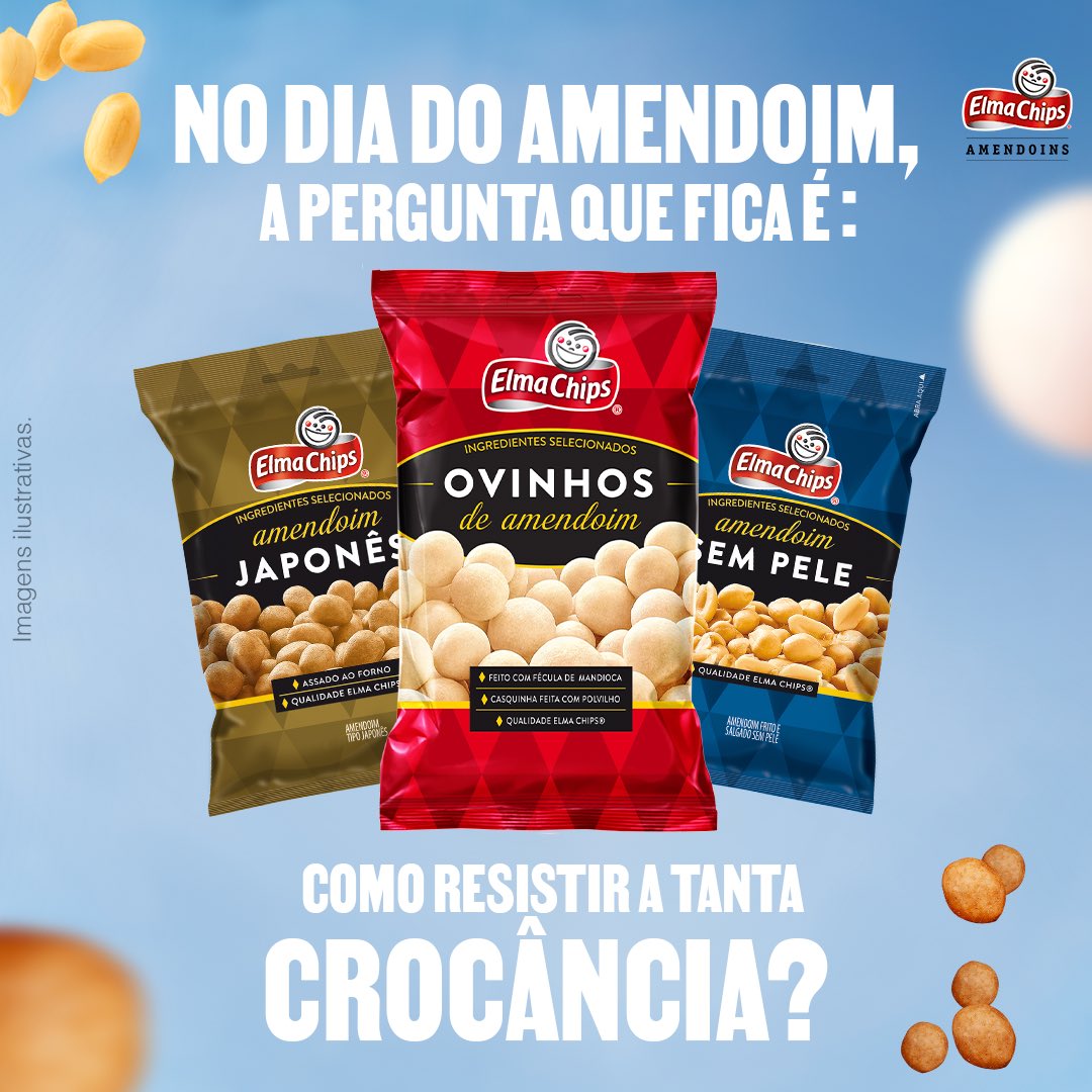 Hoje é o dia dele: o Amendoim. Seu parceiro para o happy hour, futebol na TV, maratona de séries... Amendoins Elma Chips®️ melhoram qualquer momento. 
#ElmaChips #DiaDoAmendoim #AmendoinsElmaChips