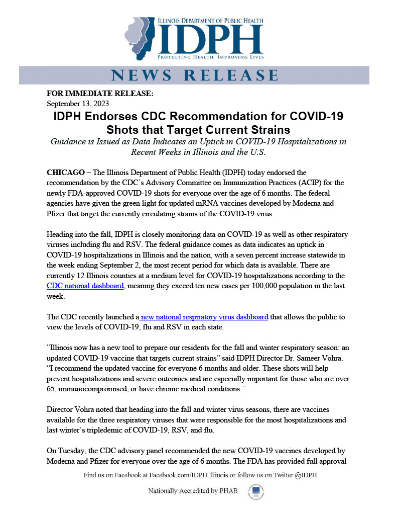 IDPH's tweet photo. #IDPH endorses the #CDC recommendations for COVID-19 shots that target the current strand. Full details in the release. Make sure you share this important information. https://t.co/e7DTHjCocn