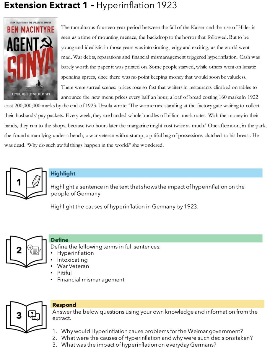 One aim this year is to vary our homework offering at KS4. We want to encourage engagement with scholarship via the ‘Extended Extracts’. Students work through the text, build on definitions/respond to set questions. We’re aiming for one extract per paper topic. #historyteacher