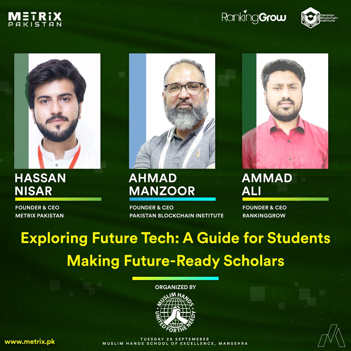 metrixpk's tweet photo. Celebrate the future with us! Join our event on September 26th, from 11 AM to 2 PM, as we delve into 'Exploring Future Tech: A Guide for Students Making Future-Ready Scholars.
#MetrixPakistan #Metrix #RankingGrow #pakistanblockchaininstitute #futuretech #pakitsantech https://t.co/pWrCe2XVAp