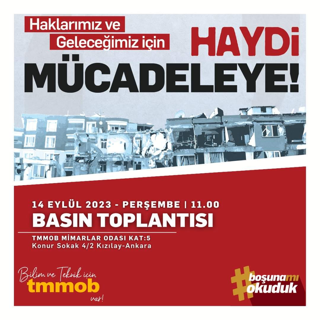 Mesleğimiz ve Haklarımız için Haydi Mücadeleye!
Basın Toplantısı:
🕗14 Eylül 2023 Perşembe | 11.00
📍TMMOB Mimarlar Odası Kat 5 <a href="/TMMOB1954/">TMMOB</a>