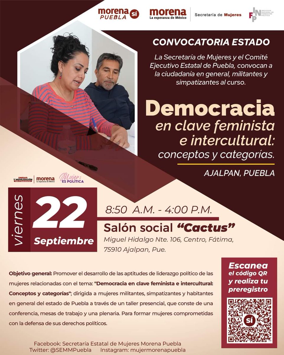 SEMMPuebla's tweet photo. El día viernes 22 de septiembre de 2023 de 8:50 a 16:00 hrs, en Salón social “Cactus” Miguel Hidalgo Nte. 106, Centro, Ajalpan, Pue. 
( https://t.co/JLb7vfLRmo )

Escanea el código QR o da click al siguiente enlace: https://t.co/U6ml0KdfIW
 y se parte de esta experiencia. https://t.co/5yBPdshHCM
