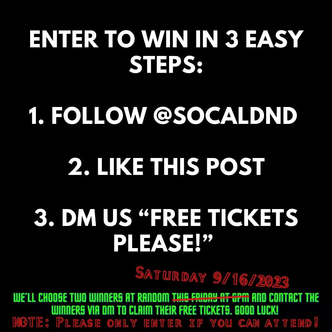 BanesArmory's tweet photo. #BanesArmory has FREE tickets to the #DUNEGONPALOOZA party / event WEDNESDAY at TIME NIGHTCLUB in Costa Mesa!

To Enter:
1. Follow @SOCALDND
2. Like This Post
3. DM "Free Tickets Please!" To Banes Armory

2 random winners will be chosen Saturday 9/16 &amp; notified by reply to DM! https://t.co/FjgQ1i7OwV