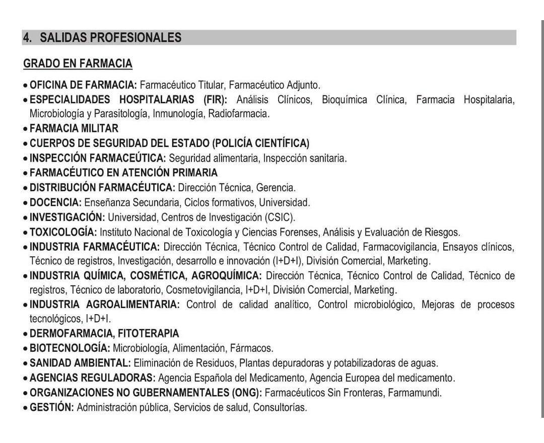 Para los que empezáis la carrera de FARMACIA, posibles salidas profesionales:
