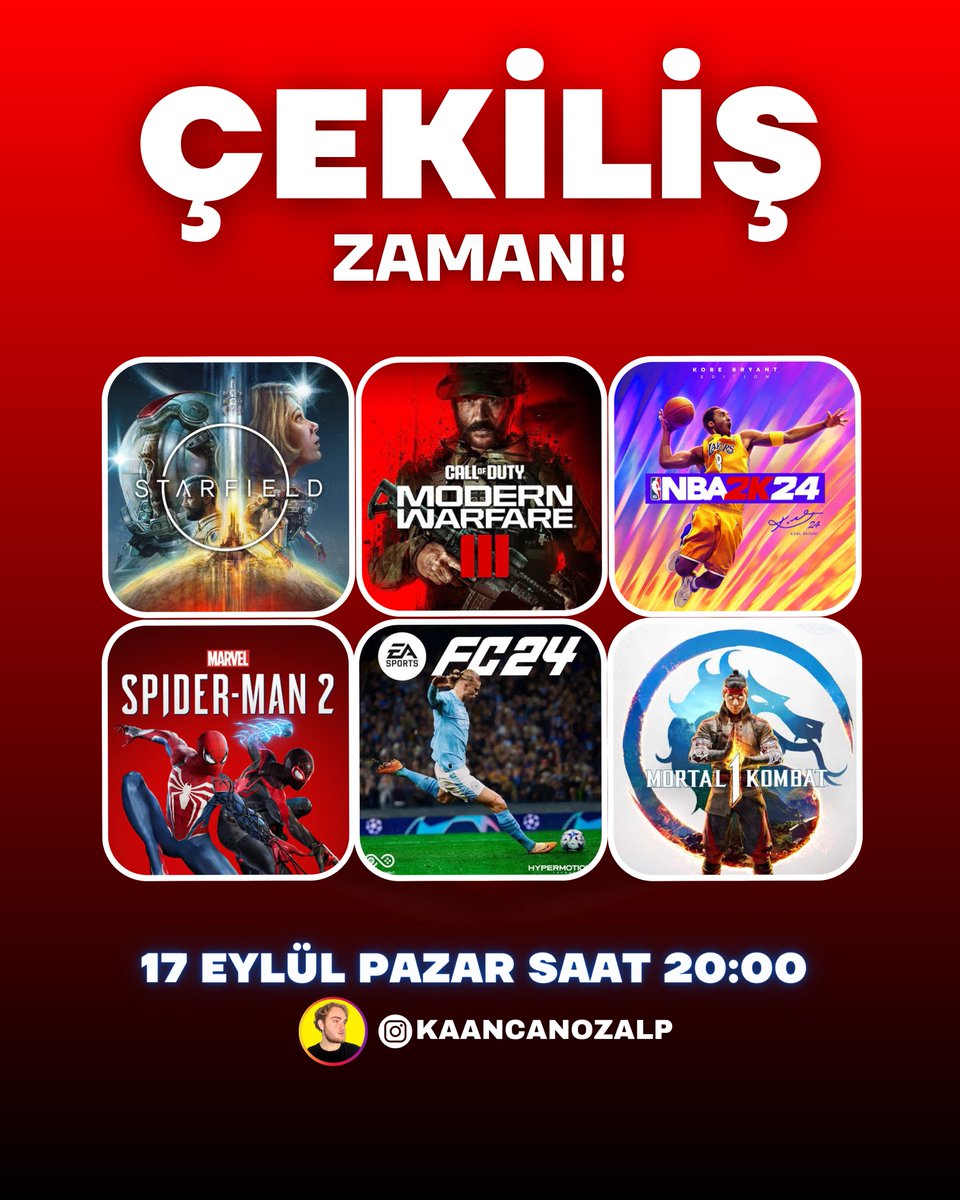 Kaan Can Özalp (@kaancanozalp) on Twitter photo 🚨 Çekiliş Zamanı! 🚨
🔸 Kazanana platform fark etmeksizin:
“Call of Duty MW3, FC 24, Starfield, Mortal Kombat 1, NBA 2K24, Marvel's Spider Man 2 ve Assassin’s Creed Mirage” oyunlarından dilediği
ŞARTLAR;
✅ Bu Tweet’i RT’lemek
✅ <a href="/kaancanozalp/">Kaan Can Özalp</a> Twitter hesabını takip etmek 🚨 Çekiliş Zamanı! 🚨
🔸 Kazanana platform fark etmeksizin:
“Call of Duty MW3, FC 24, Starfield, Mortal Kombat 1, NBA 2K24, Marvel's Spider Man 2 ve Assassin’s Creed Mirage” oyunlarından dilediği
ŞARTLAR;
✅ Bu Tweet’i RT’lemek
✅ <a href="/kaancanozalp/">Kaan Can Özalp</a> Twitter hesabını takip etmek