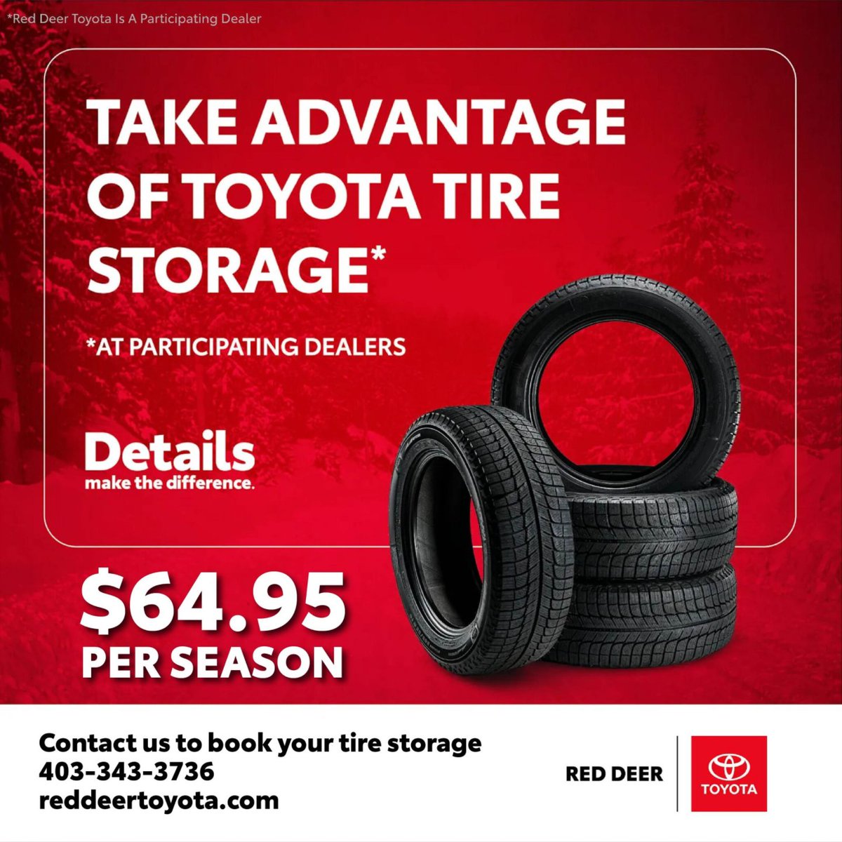 Looking for a place to store your tires and not have to worry about a thing when you get them changed? Red Deer Toyota is offering tire storage, contact us today!

Call 403-343-3736 or visit us in Gasoline Alley West.

#rdtoyota