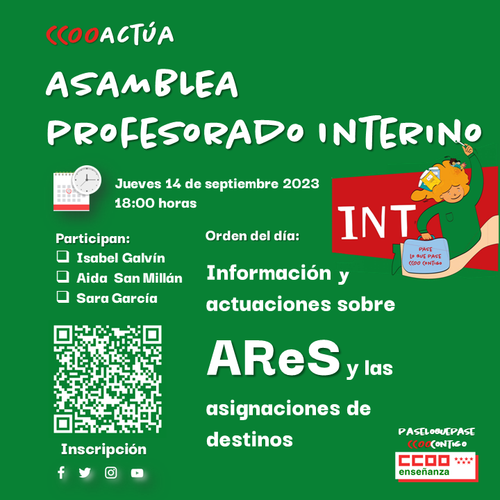 CCOOEducaMa's tweet photo. ‼️ASAMBLEA URGENTE‼️

Asamblea Profesorado Interino🔽
🗓Jueves 14 de septiembre 2023
🕔18:00 horas

Orden del día:

📄Información y actuaciones sobre AReS y las asignaciones de destinos

Participan:

👤Isabel Galvín
👤Aida San Millán
👤Sara García

📝Inscripción:
https://t.co/S6TQSmnSDo

📲Comparte, reenvía
⭕️⭕️PaseLoquePase 
#CCOOContigo
#CCOOActúa