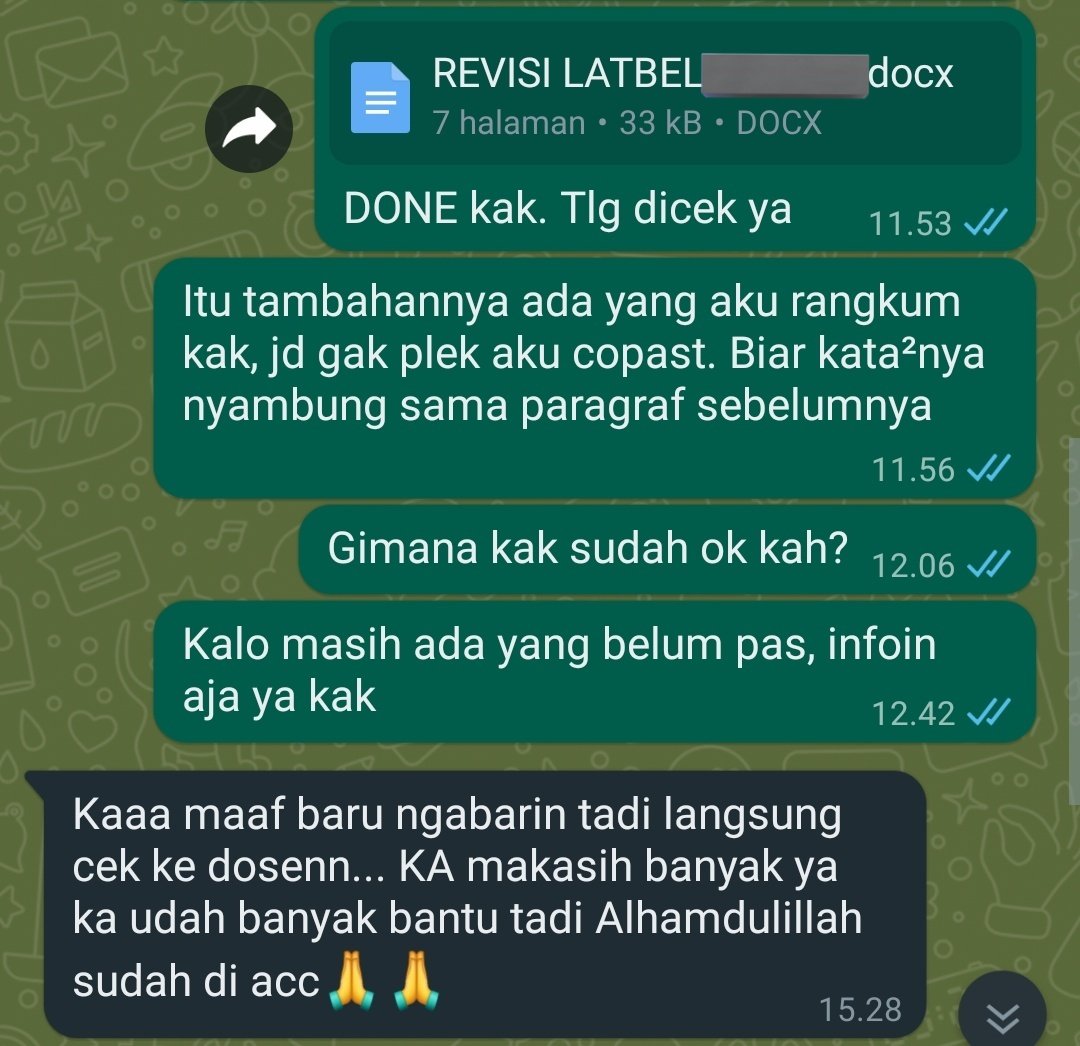 Jokiindong1's tweet photo. PALING BARU NIH GUYS, REVIEW CUST MASIH ANGET WKW
Revisi latbel skripsi PGSD✅

Project ini DL mepet bgt ga sampe 2 jam ngerjain, revisi latbel, ubah kalimat, rangkum sana-sini biar kalimatnya padu. Alhamdulillah membuahkan hasil✨
#jokitugas #jokipgsd #jokilatbel #zonauang️ https://t.co/DGJClg03MX