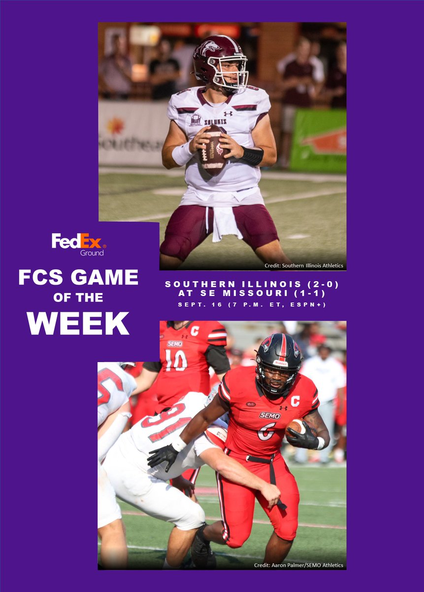 OptaAnalystFCS's tweet photo. The FedEx Ground FCS Game of the Week is the 91st matchup of the "War for the Wheel" rivalry game.

No. 15 Southern Illinois at No. 13 Southeast Missouri  

#TeamFedEx #FedExCares #FedEx https://t.co/GLq5GAsZ7o