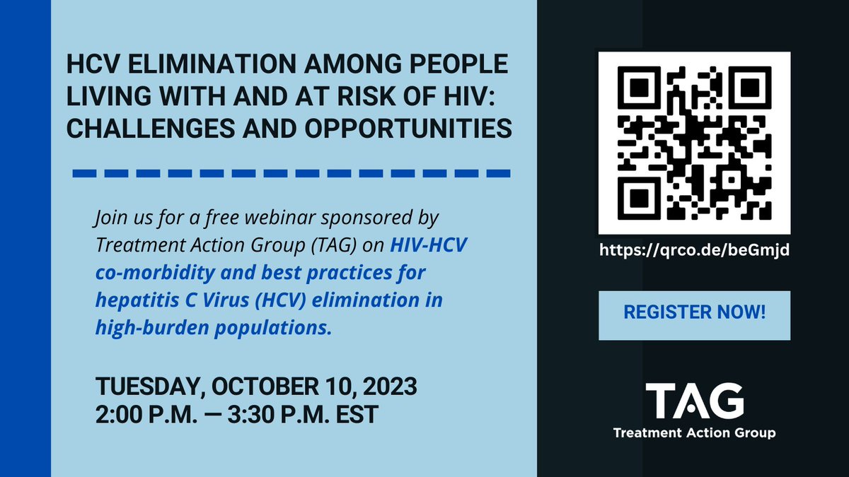 SAVE THE DATE: TAG is sponsoring a webinar on challenges and opportunities related to HCV elimination within communities living with and at risk of HIV. Tuesday, Oct. 10 @ 2 p.m. EST. Get more info and register here: treatmentactiongroup.org/webinar/hcv-el…