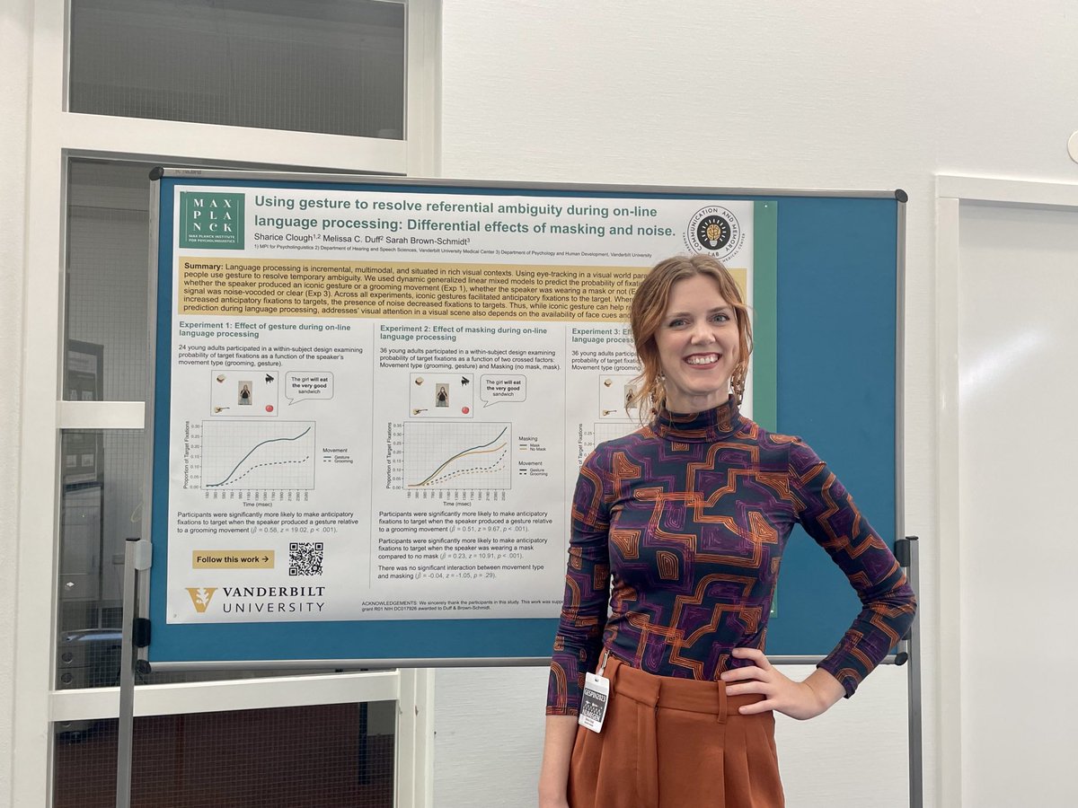 Sharice Clough 🦋 @shariceclough.bsky.social (@shariceclough) on Twitter photo Really enjoyed presenting work on speech-gesture integration during multimodal language processing using eye-tracking in visual world paradigm with <a href="/duffalab/">Melissa Duff</a> and <a href="/brownschmidt/">Sarah Brown-Schmidt</a> at #GESPIN2023 today. Thanks to everyone who stopped by for the great discussion 🙌🏻🤗 Really enjoyed presenting work on speech-gesture integration during multimodal language processing using eye-tracking in visual world paradigm with <a href="/duffalab/">Melissa Duff</a> and <a href="/brownschmidt/">Sarah Brown-Schmidt</a> at #GESPIN2023 today. Thanks to everyone who stopped by for the great discussion 🙌🏻🤗