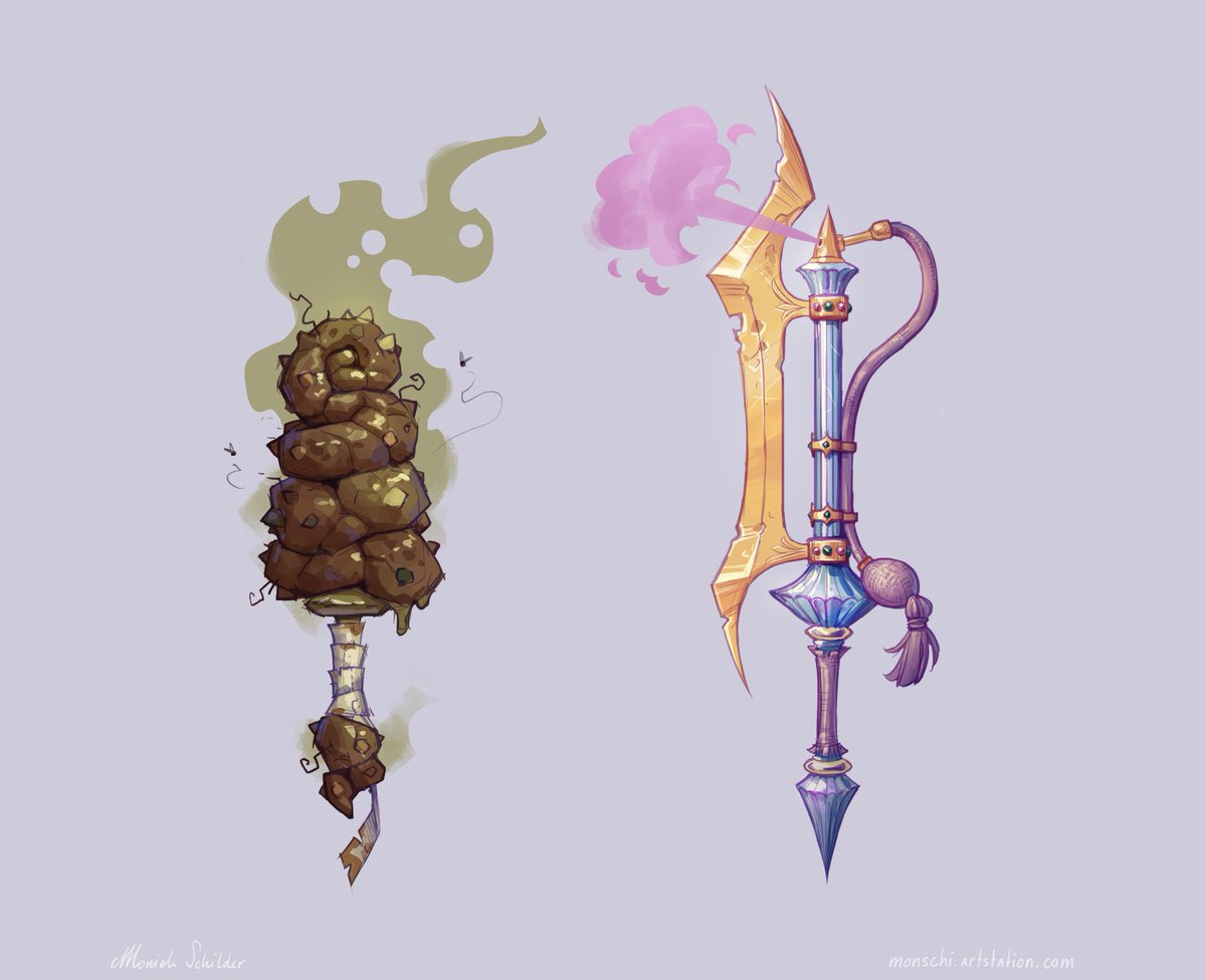 monschi_art's tweet image. Got a prompt from my sister for #Swordtember. So here&apos;s two for &quot;fragrance&quot;.
Sorry (but just a little) for the shit sword 💩
I imagine these to be owned by two lifelong rivals 

#swordtember2023 #propdesign