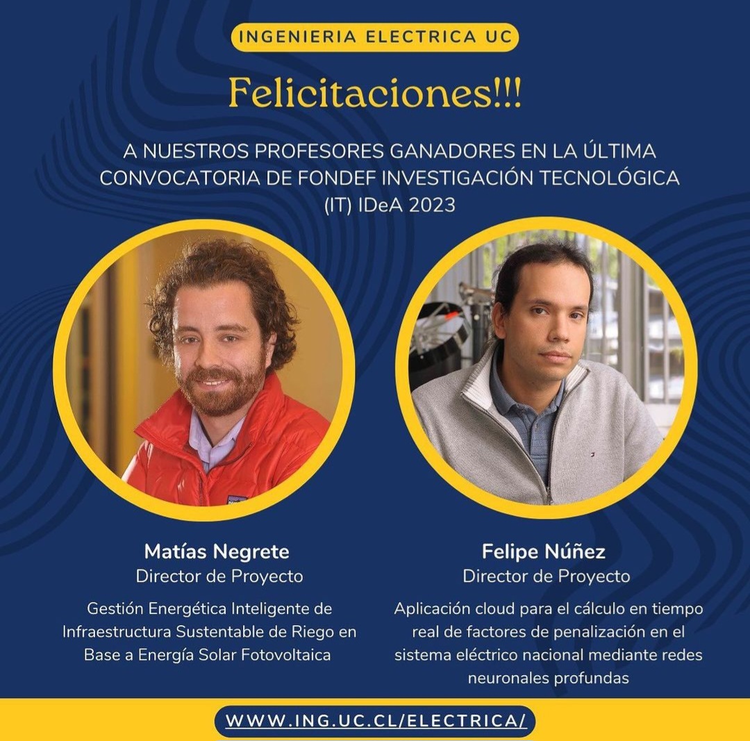Felicidades a los equipos de #investigación de los profesores Matias Negrete y Felipe Núñez del DIE UC, ganadores de la convocatoria del #concurso Fondef IT del año 2023, fondos que otorgan más de 200M de pesos para desarrollar sus #proyectos de investigación de alto impacto ⚡️