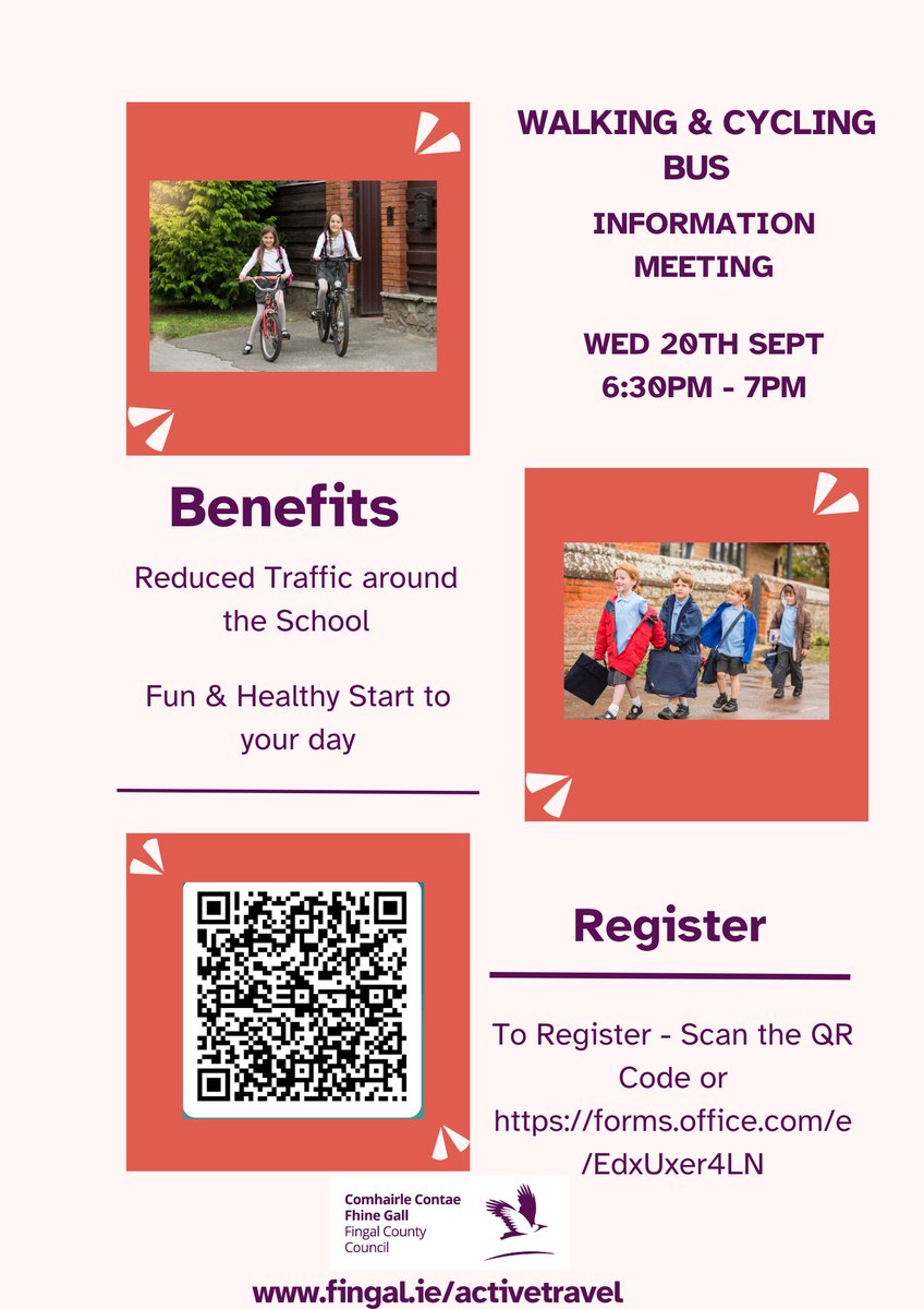 We're looking to support Parents &amp; Schools who are interested in setting up a Walking or Cycling Bus for your School. Next Wed 20th Sept we'll be holding an online meeting to go through the various supports we can offer in the Fingal Active Travel Section

forms.office.com/pages/response…