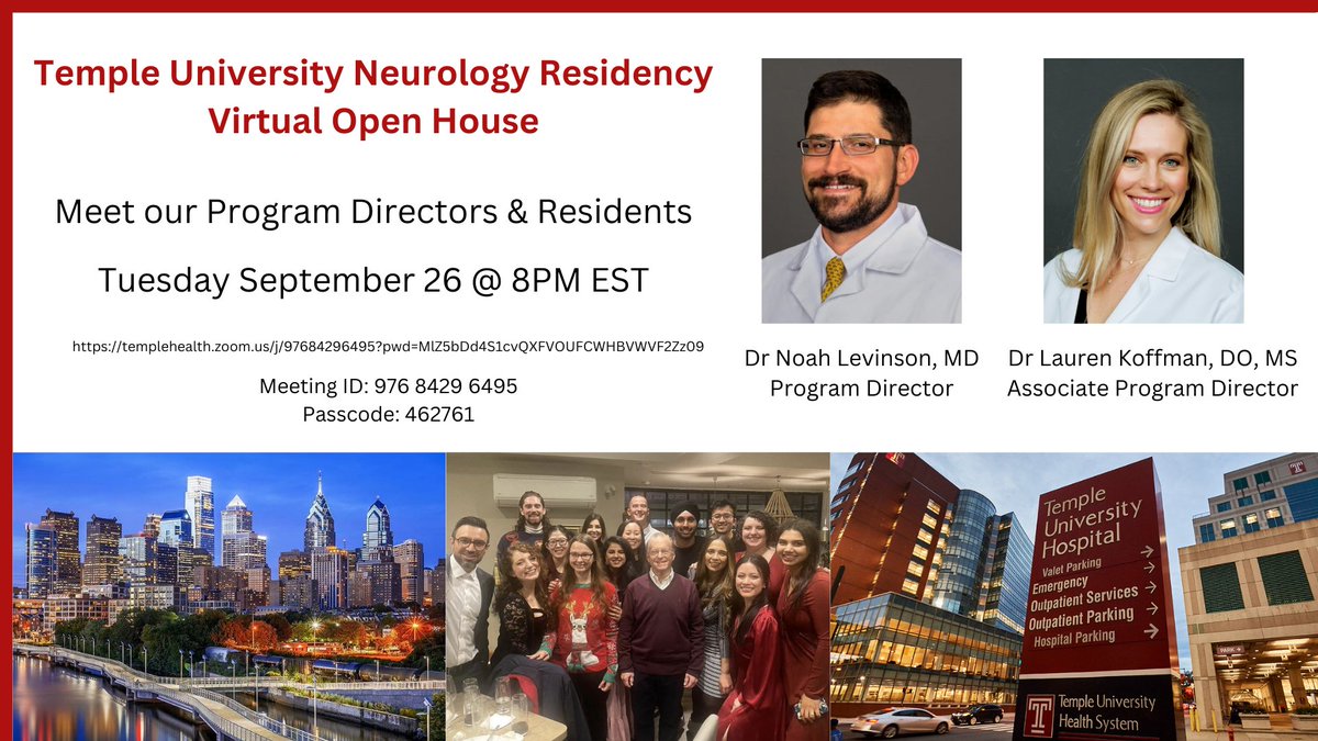 Mark your calendars for the first @TempleNeurology Virtual Open House! Join us by zoom on Sept 26, looking forward to meeting everyone before the interview season starts. @NMatch2024 #neurotwitter #MedEd IG: temple_neuro