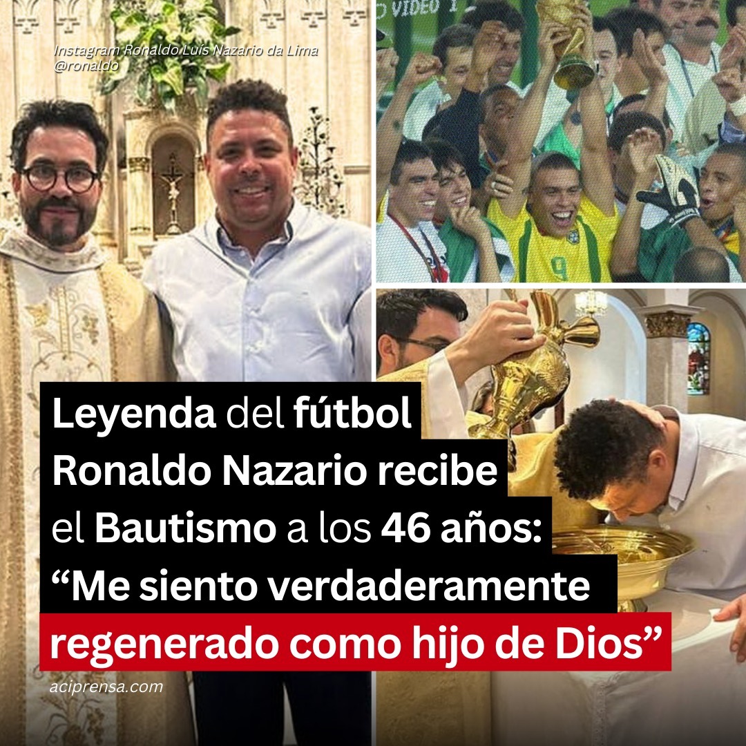 ¡Me bautizaron!... Con el sacramento me siento verdaderamente regenerado como hijo de Dios", escribió la leyenda del fútbol <a href="/Ronaldo/">Ronaldo Nazário</a> Nazario tras recibir el Bautismo a sus 46 años en Brasil. ¡Bienvenido! Recemos por él y todos los bautizados. 🙏 tinyurl.com/37ur2286