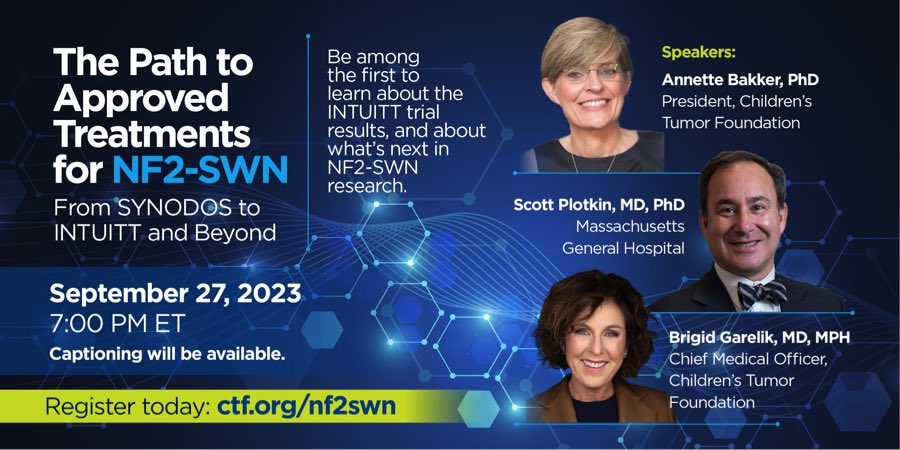 tumourbc's tweet photo. Tune in for a not-to-be-missed webinar from the Children’s Tumor Foundation for an important announcement of the results of the INTUITT-NF2 platform clinical trial, and more. 

Register at https://t.co/fZbfVQxfCH

#NF2 #neurofibromatosis #schwannomatosis https://t.co/sND1ZAmvQl