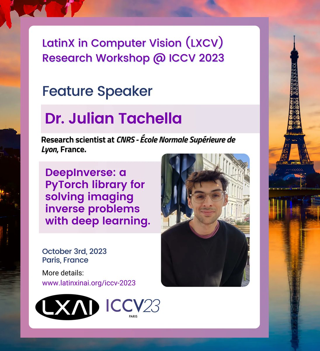 lxcv (@latinxincv) on Twitter photo 📢🚨 <a href="/_LXAI/">LatinX in AI (LXAI)</a> is pleased to announce Dr. Julián Tachella <a href="/TachellaJulian/">Julián Tachella</a> (CNRS Lyon, France) as FEATURE SPEAKER of the @LatinXinCV Research Workshop at <a href="/ICCVConference/">#ICCV2025</a> 2023! 🇫🇷
For more information: buff.ly/46Qc6m7 📢🚨 <a href="/_LXAI/">LatinX in AI (LXAI)</a> is pleased to announce Dr. Julián Tachella <a href="/TachellaJulian/">Julián Tachella</a> (CNRS Lyon, France) as FEATURE SPEAKER of the @LatinXinCV Research Workshop at <a href="/ICCVConference/">#ICCV2025</a> 2023! 🇫🇷
For more information: buff.ly/46Qc6m7