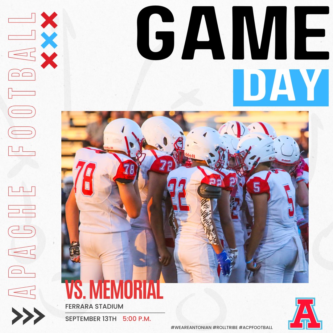 acpapaches's tweet photo. 🚨🏈GAME DAY🏈🚨

📅Wednesday, September 13th
🆚Memorial
📍Ferrara Stadium
⏰5:00 p.m.

#weareantonian #rolltribe #acpfootball https://t.co/QxZmmXOFuz