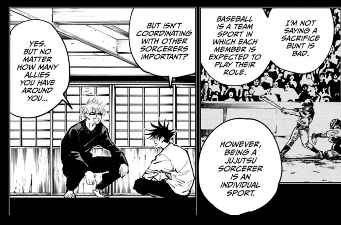 -Gojo isn't usually sensitive, but he picked up on Megumi's mentality issue through a perfectly normal sacrifice bunt during an exciting baseball game 