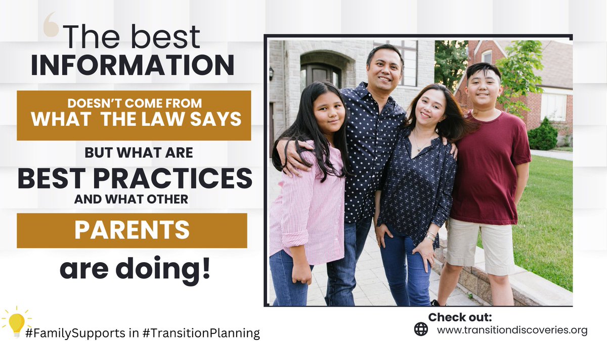 Diving deeper into @TransitionDisc1 - ❤️the quote on #FamilySupports. In #TransitionPlanning families learn frm those students & families who have gone thru the process. How are you utilizing families to bring this information to others. 
Ck out @TransitionDisc1 Family Supports.