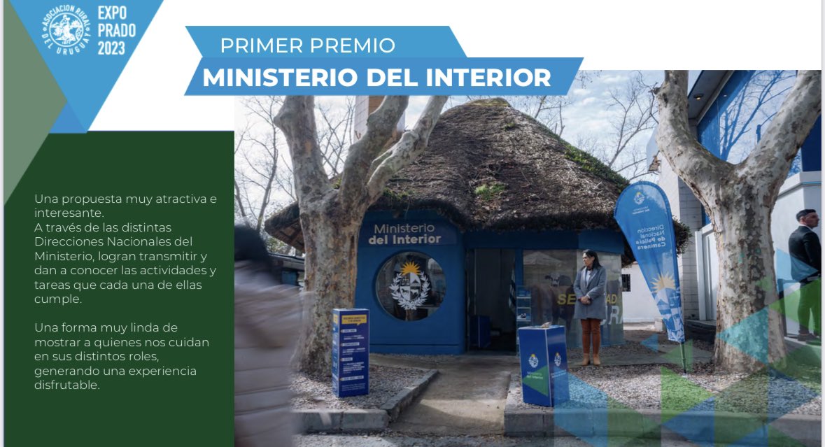 Minterioruy's tweet photo. En la premiación de stands de @ExpoPrado 2023, el ministerio del Interior recibió el 1er Premio en el rubro ministerios. 

Otorgado por la atractiva propuesta donde se dio a conocer las actividades y tareas de las distintas Direcciones Nacionales del Ministerio. https://t.co/MngKFy5gPo