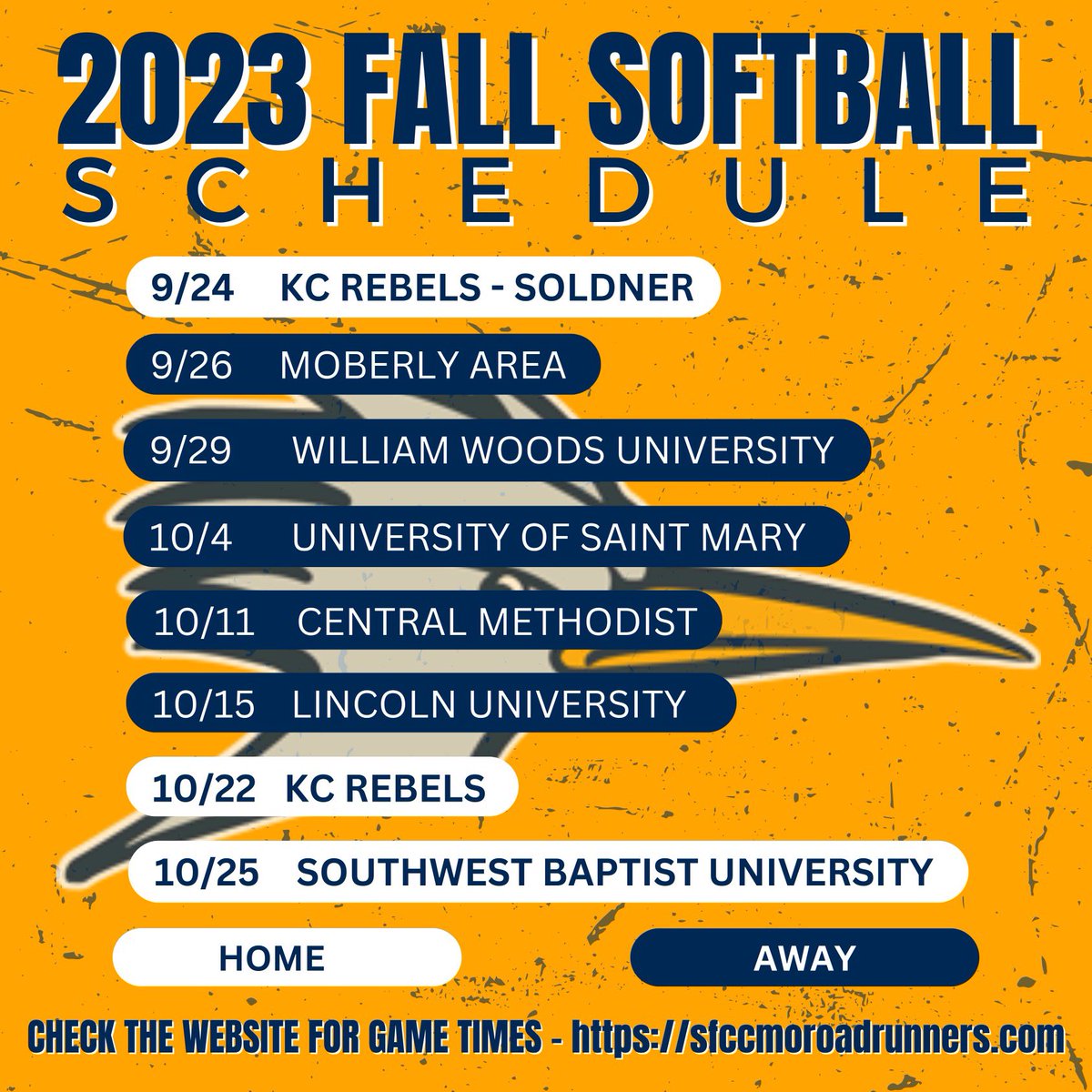Here’s our fall schedule! We hope to see you at the field! 

#Team8
#sfccmosoftball
#CHAMPS