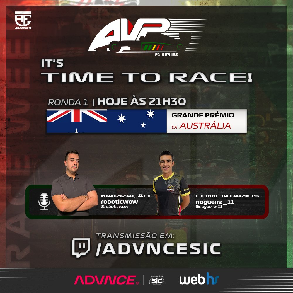 HOJE É RACE DAY! 👀

Acompanha tudo a partir das 21h30 em twitch.tv/advncesic

<a href="/AdvnceSic/">ADVNCESIC</a>

#AVPF1Series #Formula1 #F1Esports #AdvnceSIC #Webhs #AJOC #Gaming #Twitch