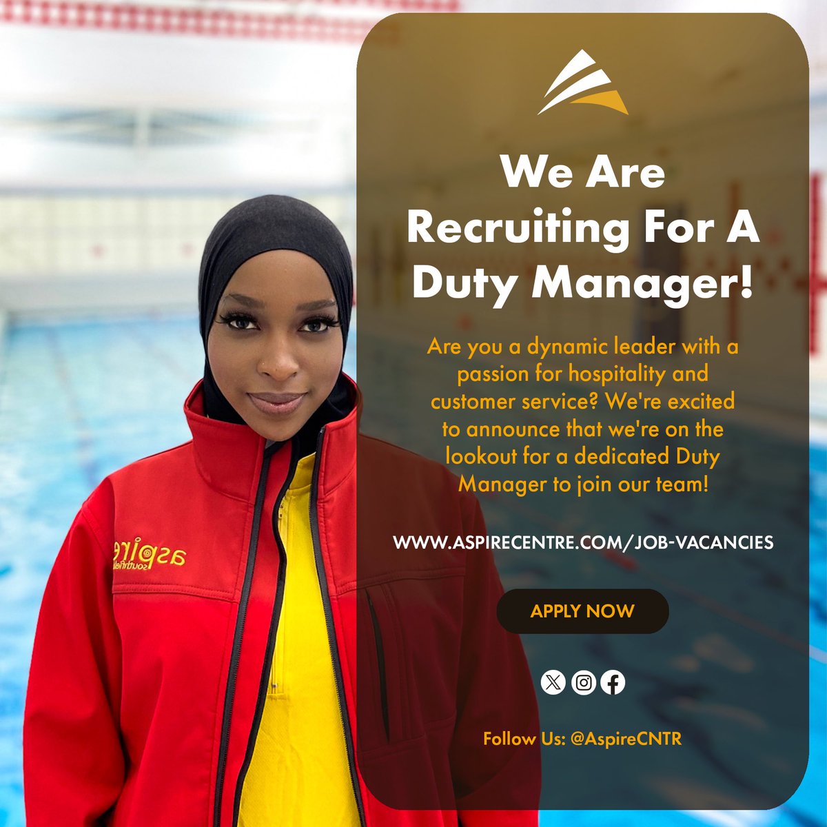 Calling all leaders! We're expanding our team at Aspire Centre and need a Duty Manager to steer the ship. Could it be you? Apply today! 
aspirecentre.com/job-vacancies
#Earlsfield #Southfields #AspireCentre #LeisureJobs