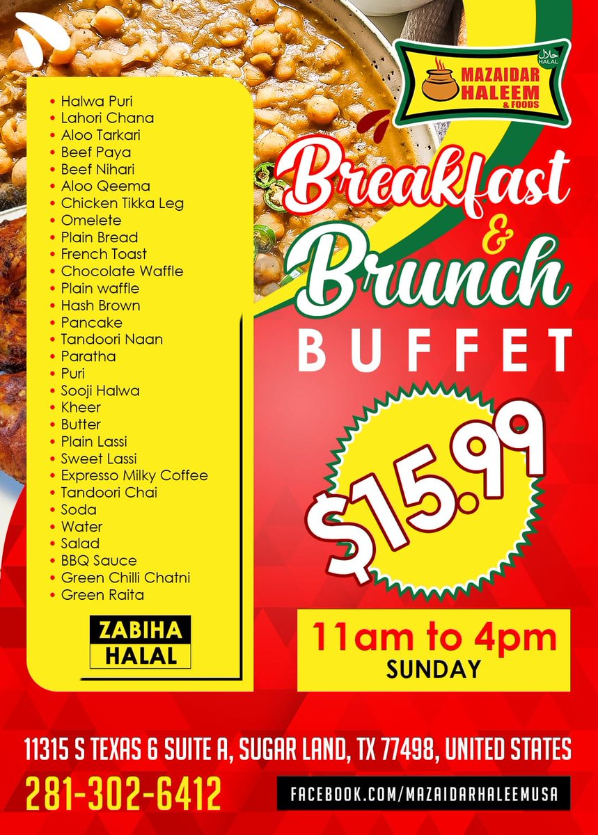 Mazaidar Breakfast Buffet Brunch contact us for further details. mazaidarhaleemusa.com #breakfast #breakfastideas #usareels #desifoodie #chanacurry #Houstan #richmond #desifoodlover #halwapuri #houstontx #traditionalfood #pancakeslover #coffeetime #usatoday #food #foodie