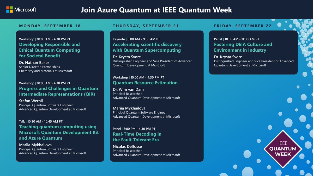 Krysta M Svore (@krystasvore) on Twitter photo I'm looking forward to <a href="/IEEEQuantum/">IEEE Quantum</a> Week, just a week away! I have the honor of giving a keynote on 9/21, and my colleagues <a href="/nathanabaker/">Nathan Baker</a>, <a href="/tcNickolas/">Mariia Mykhailova</a>, @Wim_van_Dam, <a href="/nic_delfosse/">Nicolas Delfosse</a> and others will also be speaking at the event. We hope to see you there! qce.quantum.ieee.org/2023/ I'm looking forward to <a href="/IEEEQuantum/">IEEE Quantum</a> Week, just a week away! I have the honor of giving a keynote on 9/21, and my colleagues <a href="/nathanabaker/">Nathan Baker</a>, <a href="/tcNickolas/">Mariia Mykhailova</a>, @Wim_van_Dam, <a href="/nic_delfosse/">Nicolas Delfosse</a> and others will also be speaking at the event. We hope to see you there! qce.quantum.ieee.org/2023/