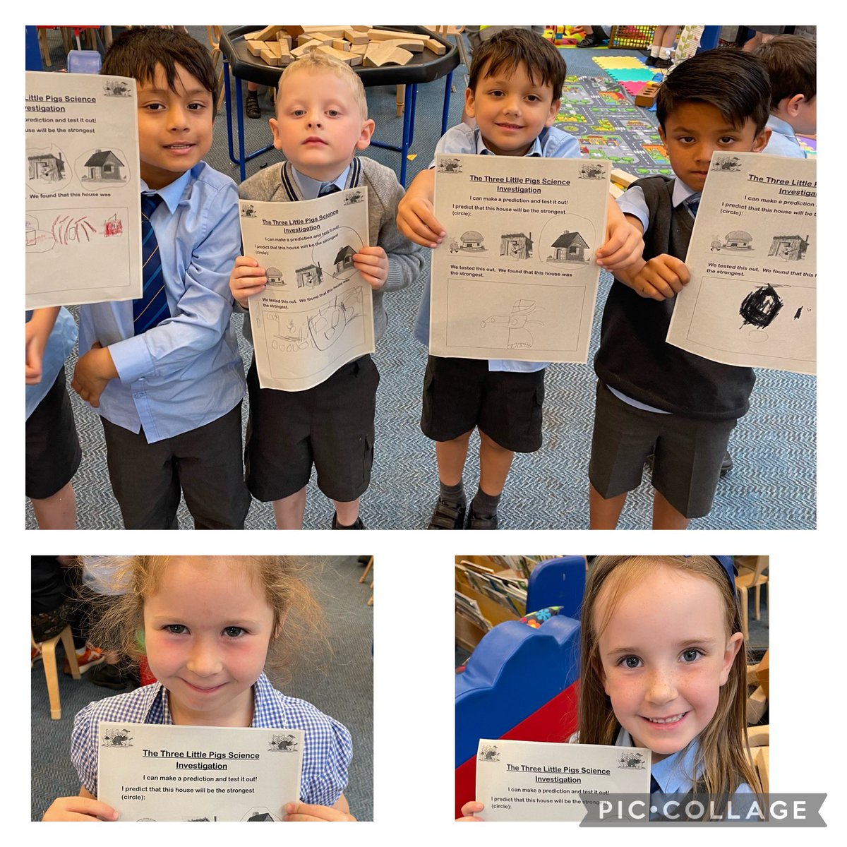 StJosephsERC's tweet image. P1 investigated more about Materials in Science today, predicting and then testing which  one would be strongest for the 3 Little Pigs’ House.  We discussed fair testing and then had fun trying to blow and fan our straw,  stick and brick walls down. 🏠🐷#ErcStem