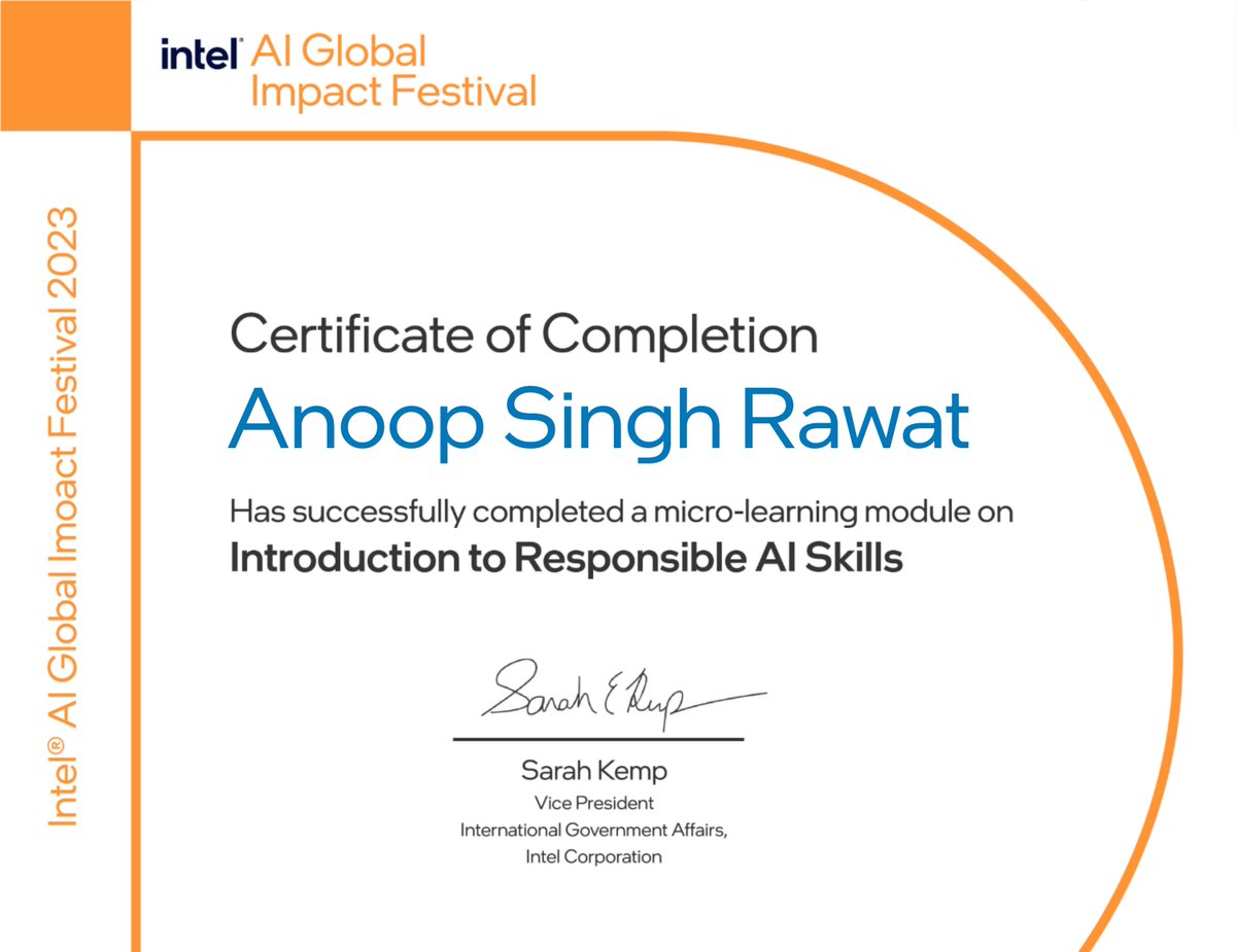 ThakurAnoopSa's tweet photo. I very responsibly understood Responsible AI by doing MLM -' Introduction to Responsible AI'. Lets become more responsible.. Join us at Intel AI Global Impact fest 2023. https://t.co/byJd8dIx2G #AIImpactFest@AI4Youth https://t.co/4nGYelQH7P