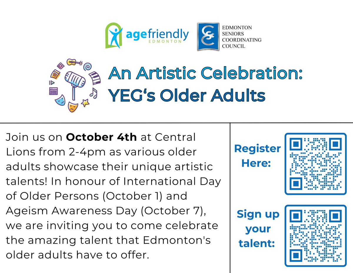 Join us October 4th in honour of International Day of Older Persons (Oct 1) and Ageism Awareness Day (Oct 7), to celebrate  the artistic talents of #yeg's older adults.

Register here: …ebrationYEGOlderAdults.eventbrite.com