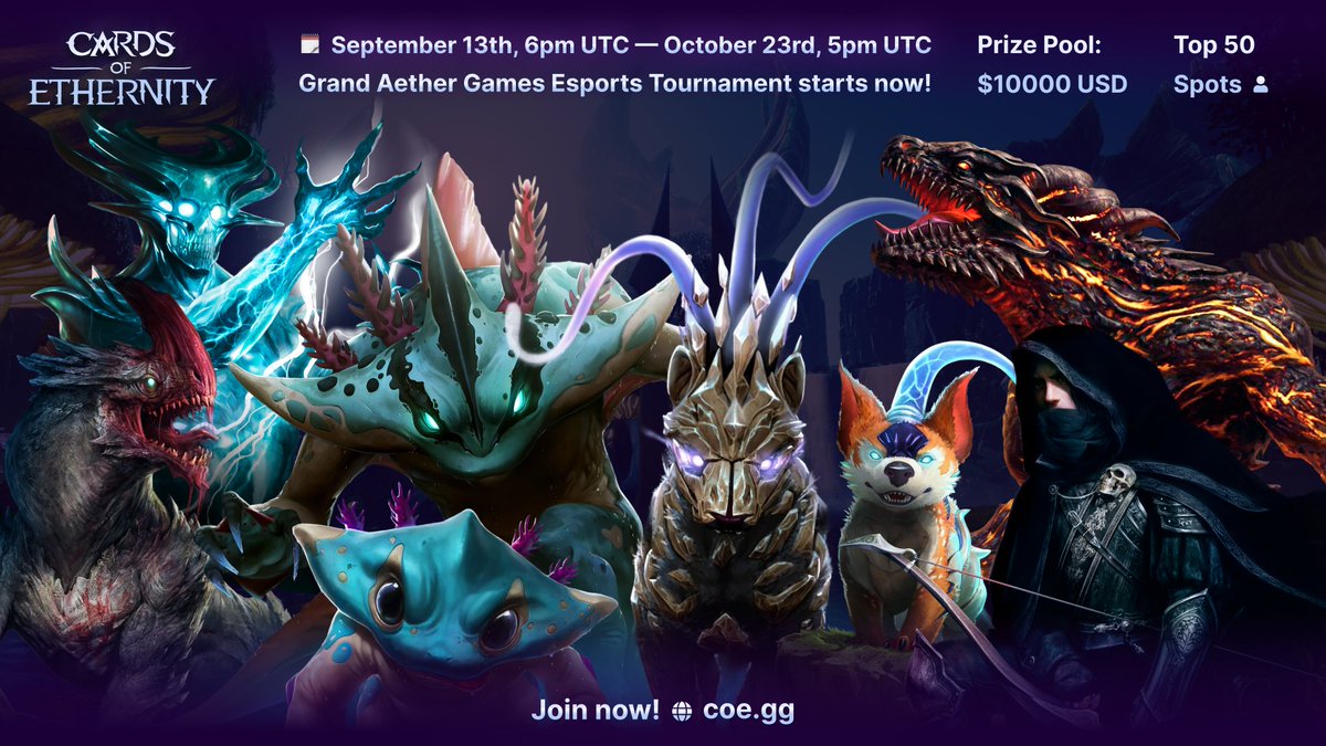 AetherGamesInc's tweet photo. ⚔️Our Grand #Esports Tournament in @CoeCardGame starts right now! Adventurers, fight for $10000 prize pool!
🏆Rules and Prize Distribution: https://t.co/L0znElOoUJ
#CardsOfEthernity https://t.co/CxrCF48GzS