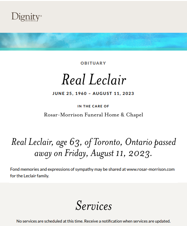 GraffitiBMXCop's tweet photo. Radio Canada (French) interview about the death of Réal Leclair #HomelessJoe on August 11, 2023 in Toronto, and his name being added to the Toronto Homeless Memorial on September 12, 2023.
.. Also screenshot of his obituary and link from his son Stephane Leclair where condolences may be submitted online and sign up for an email notification for his Quebec Funeral Service when available. https://t.co/yY5UHcjTyU