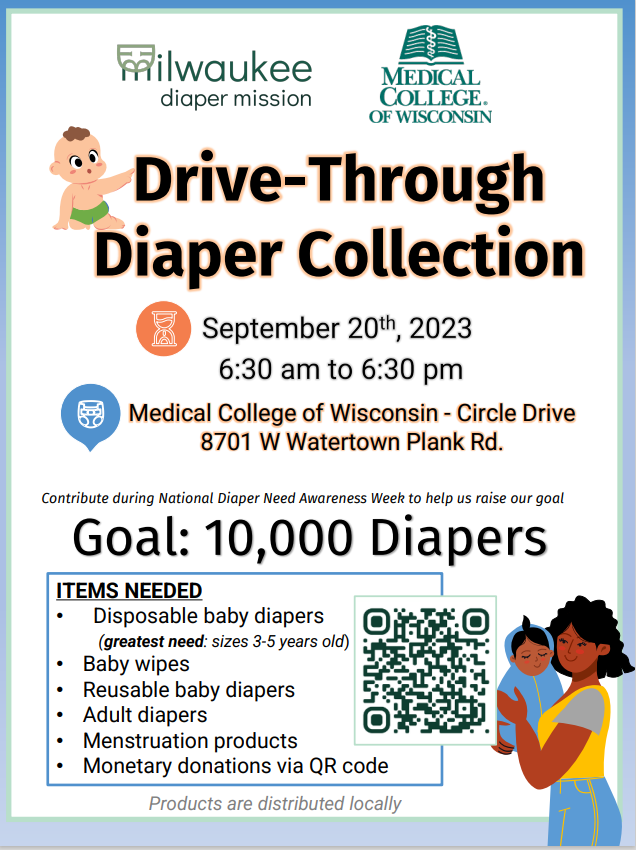 Did you know that 1 in 2 families struggles to afford enough diapers to keep their baby clean, dry, and healthy? Please help MCW and @MKEdiaper assist with this community need. Drop off diaper donations on Sept. 20th from 6:30am to 6pm, MCW Circle Drive 8701 W Watertown Plank Rd.