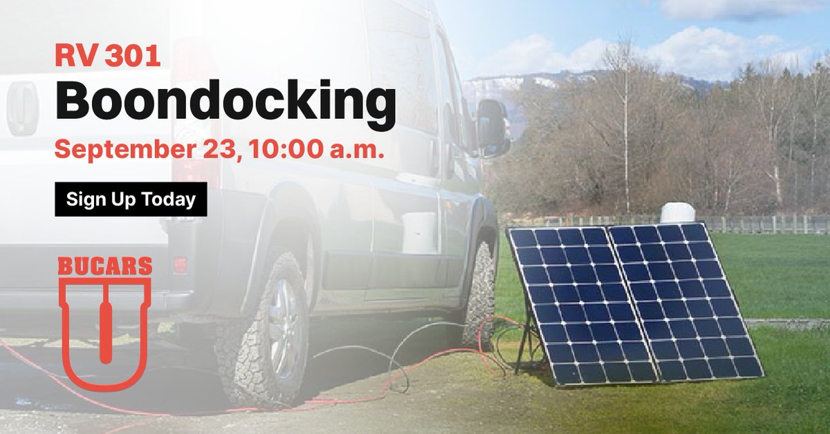 BucarsRV's tweet photo. Introducing Bucars U: Boondocking RV 301 Seminar! Learn more on dry camping, boondocking, free camping, or wild camping – we’ve put together the best tips in this FREE seminar. 

📅 September 23
🕙 10 A.M.
📍 Bucars U Presentation Hall

👉 RSVP today at https://t.co/bKt6jdtN3f https://t.co/k8t95R689K