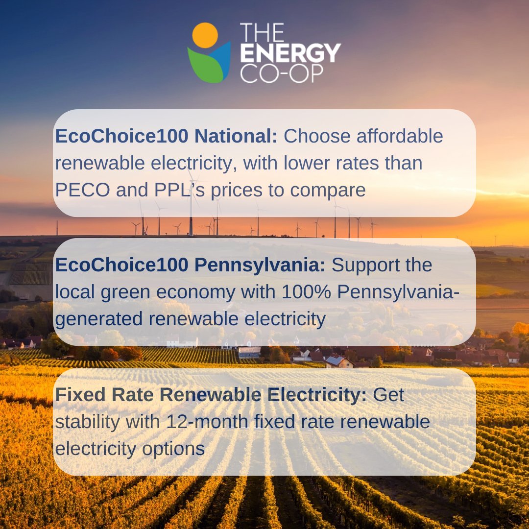 Visit bit.ly/3VJA0sH to shop 100% renewable electricity options. Choose our EcoChoice100 National product, with a lower rate than PECO and PPL's prices to compare... Or choose the stability of a 12-month fixed rate!

#renewable #electricity #affordable #Pennsylvania