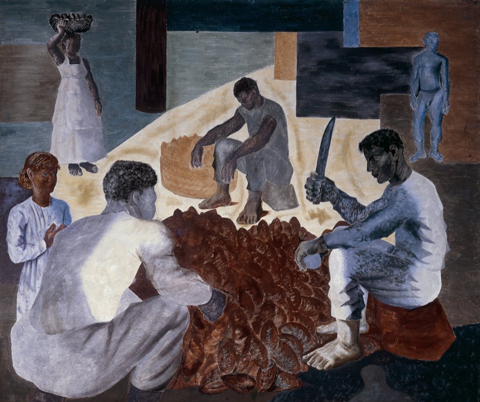 Today is #InternationalChocolateDay 🍫

This painting by Brazilian artist Candido Portinari shows farmers preparing cacao fruits, the primary ingredient of chocolate. 

“Cocoa”
🎨 #CandidoPortinari
📅 1938
🏛️ @projportinari