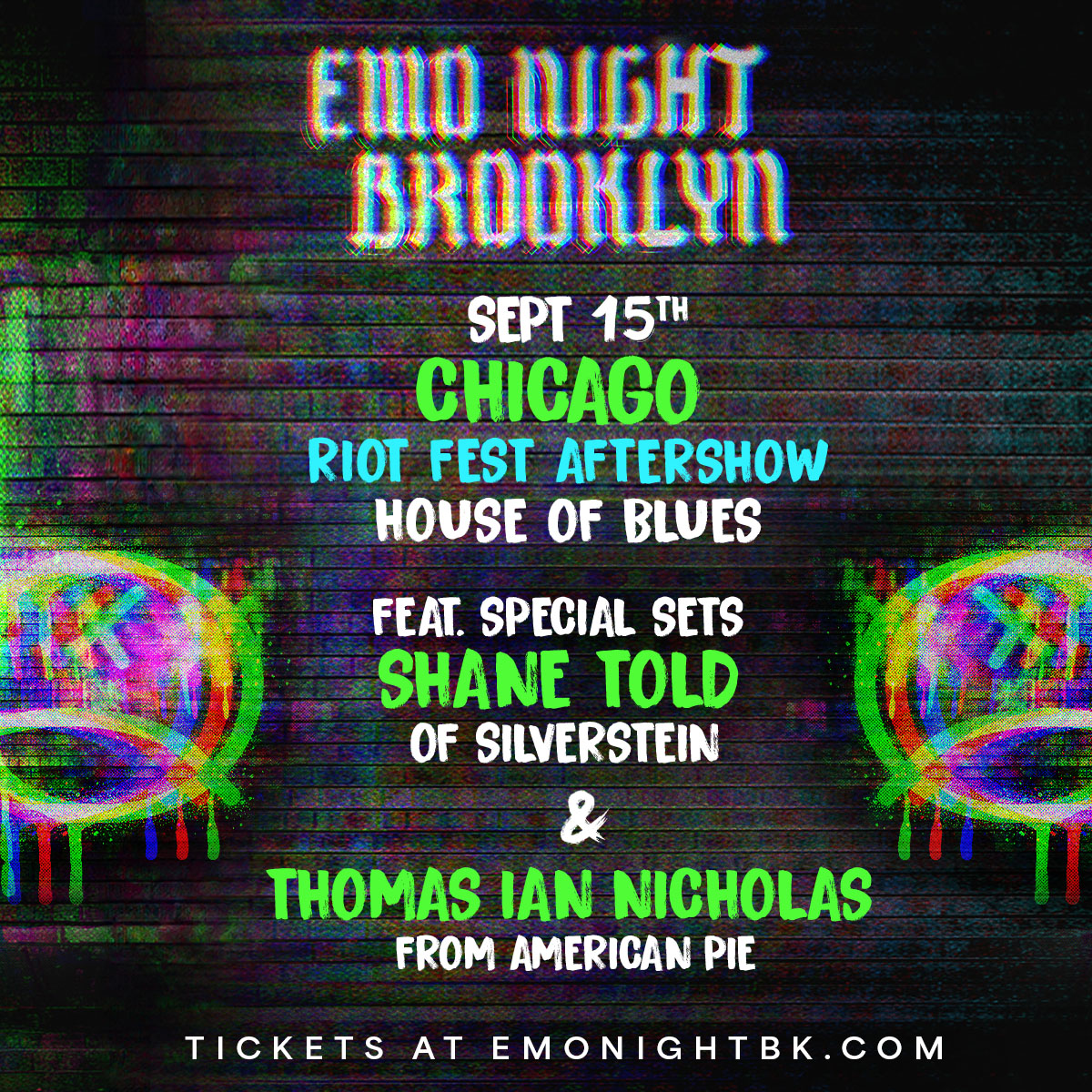 Calling all emos this FRIDAY 🖤 Don't miss the epic @EmoNight_BK @RiotFest afterparty with @shanetold and @TINBand. Tickets on sale now: livemu.sc/44Qe4AK